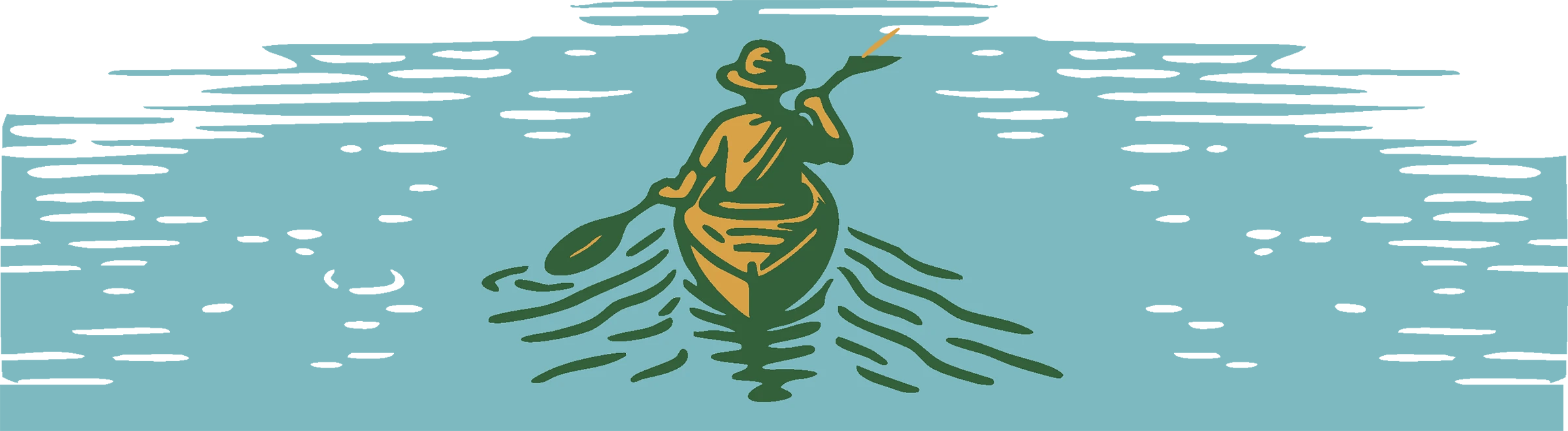 Illustration of a person in a hat paddling a kayak, with water ripples behind them