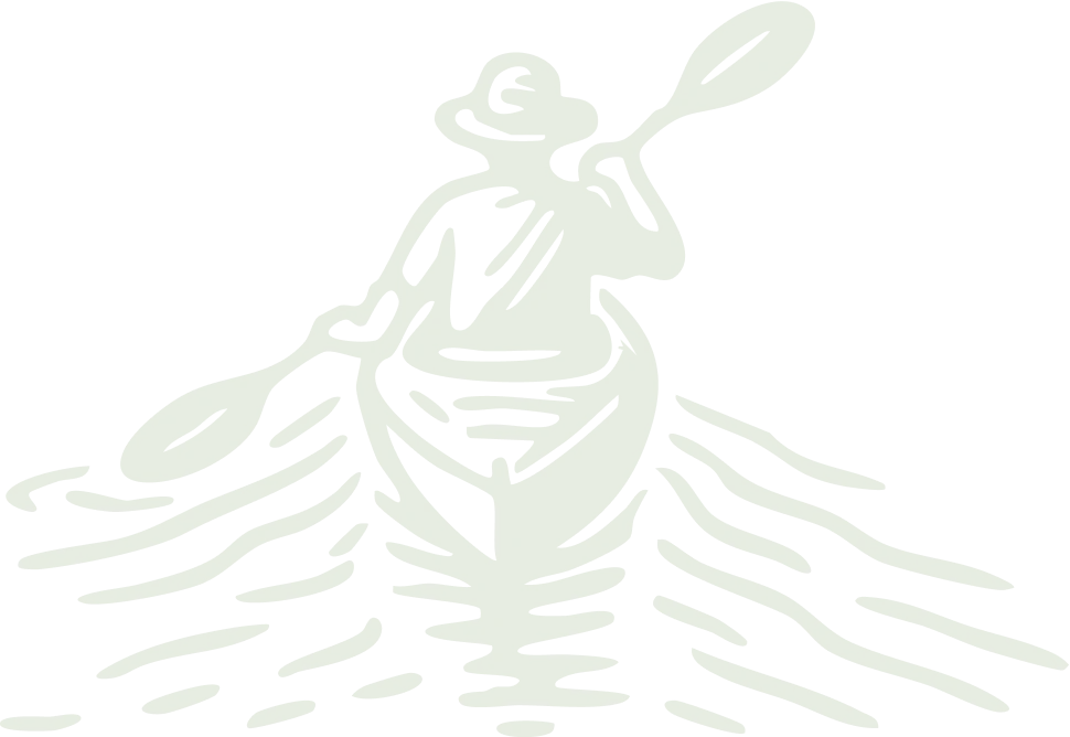 Simple green line drawing of a person in a kayak paddling on wavy water, holding a paddle in both hands—perfect for illustrating kayak tours.